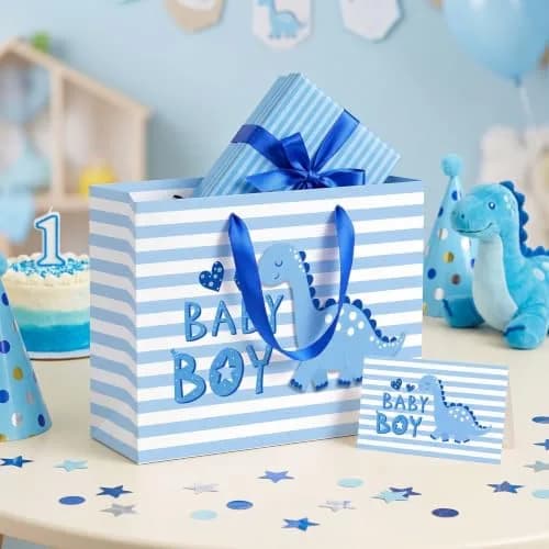 Loveinside Baby Boy Gift Bag Blue Dinosaur Design 13" x 10" x 5" | Baby Shower Gift Bag with Tissue & Greeting Card thumbnail 5