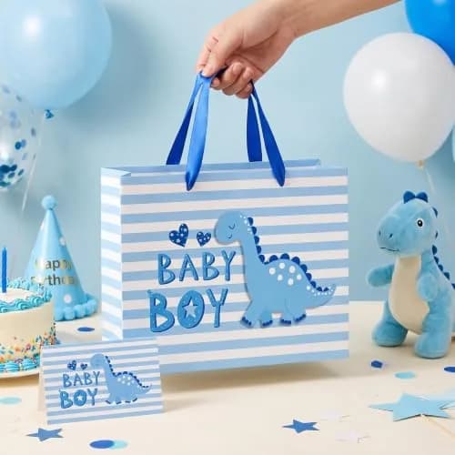 Loveinside Baby Boy Gift Bag Blue Dinosaur Design 13" x 10" x 5" | Baby Shower Gift Bag with Tissue & Greeting Card thumbnail 6