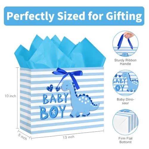 Loveinside Baby Boy Gift Bag Blue Dinosaur Design 13" x 10" x 5" | Baby Shower Gift Bag with Tissue & Greeting Card thumbnail 2