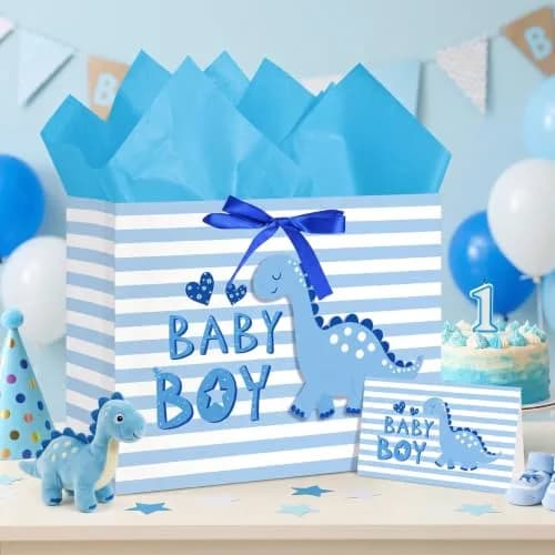 Loveinside Baby Boy Gift Bag Blue Dinosaur Design 13" x 10" x 5" | Baby Shower Gift Bag with Tissue & Greeting Card thumbnail 3