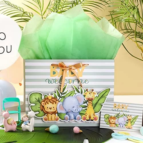 Loveinside Baby Gift Bag with Tissue Paper and Greeting Card 13" x 10" x 5" | Unisex-Green Animal thumbnail 4