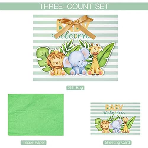 Loveinside Baby Gift Bag with Tissue Paper and Greeting Card 13" x 10" x 5" | Unisex-Green Animal thumbnail 2