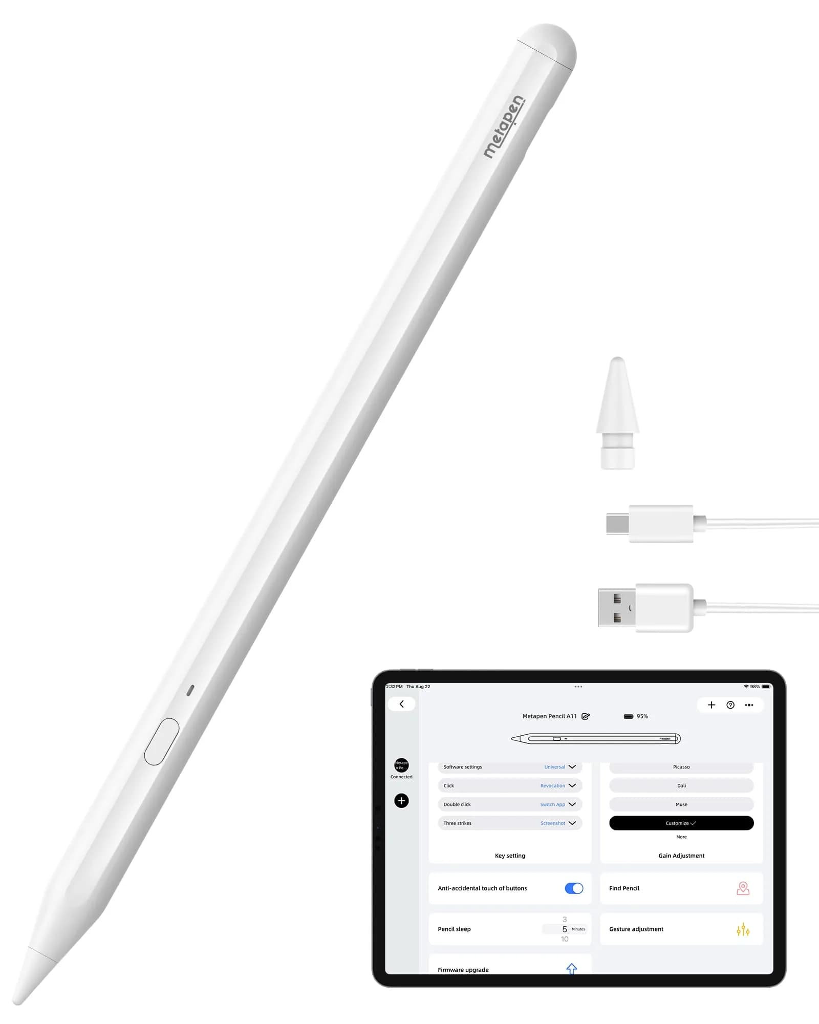 Metapen A11 Stylus Pen for iPad 2018-2026 | 0.1 mm Pixel Precision, 8-Hour Battery — Classic White
