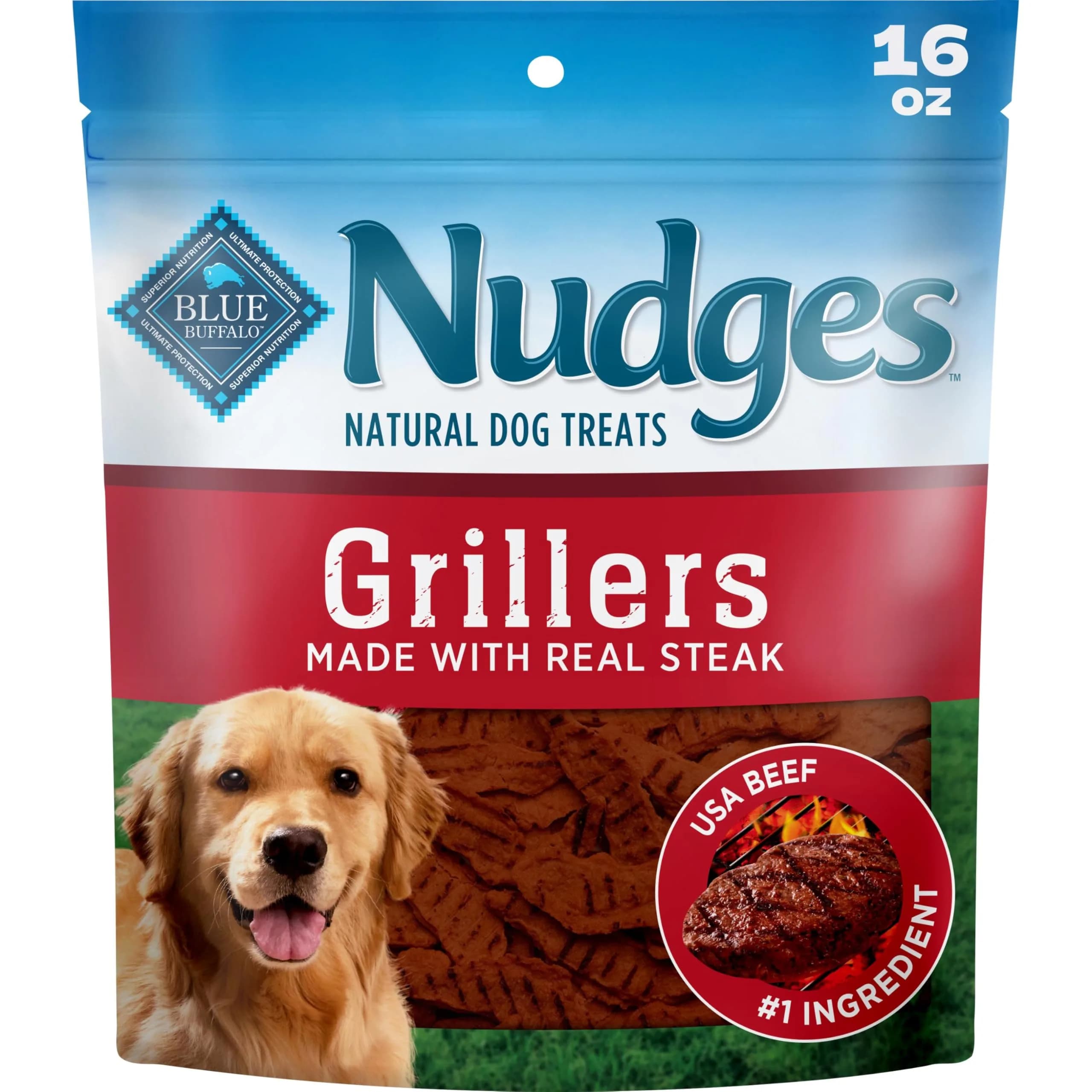 Blue Buffalo Nudges Grillers Steak Dog Treats 453g (16 oz) | Real USA Beef First, Soft & Easy to Tear — 16 Ounce