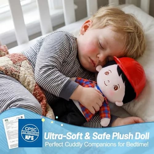 OUOZZZ Soft Plush Baby Boy Doll 12.6 Inch, Red Hat Snuggle Buddy | Safe & Soft for Kids 3+ thumbnail 4