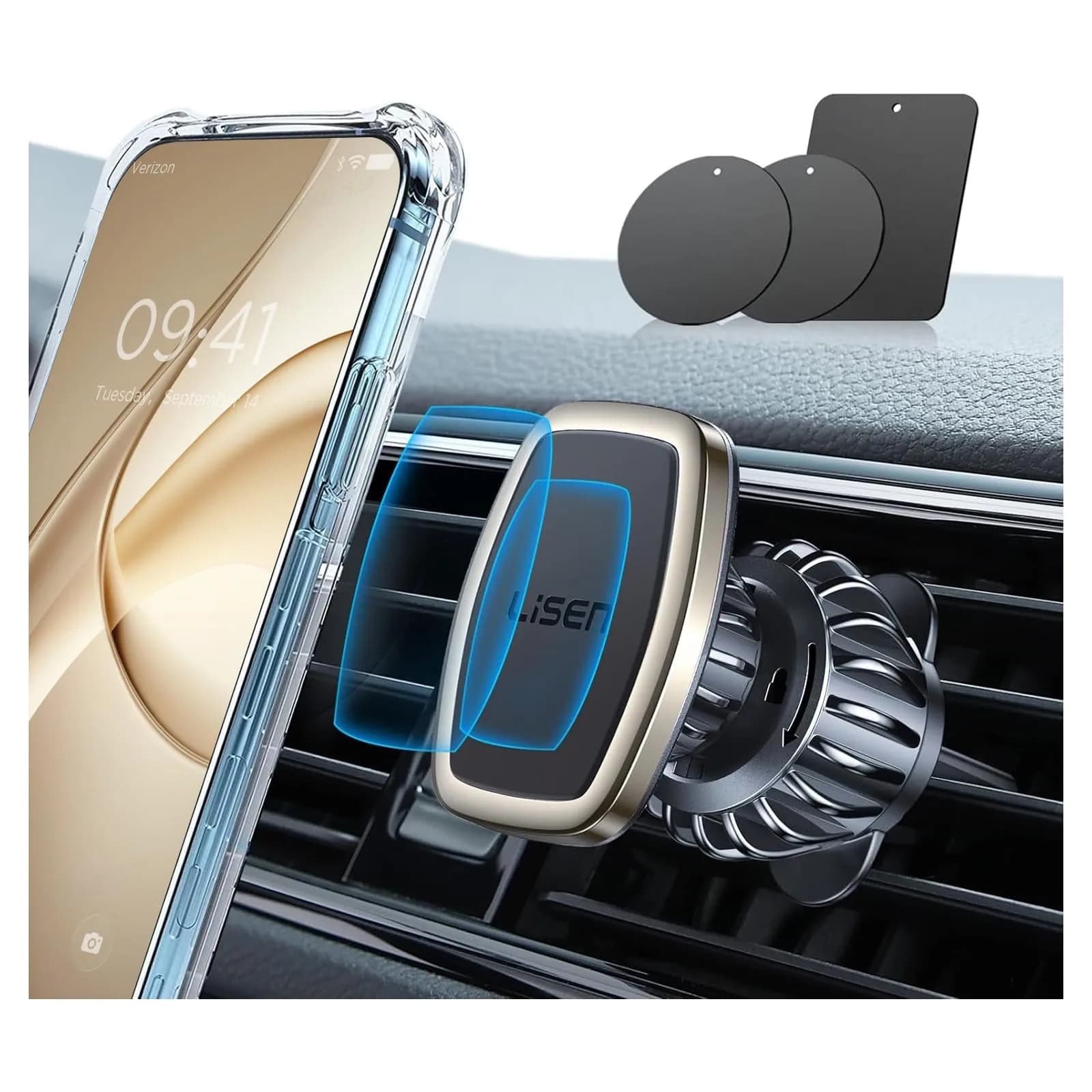 LISEN Magnetic Phone Holder for Car with Upgraded Clip | 360° Adjustable, Case Friendly, Gold — Gold