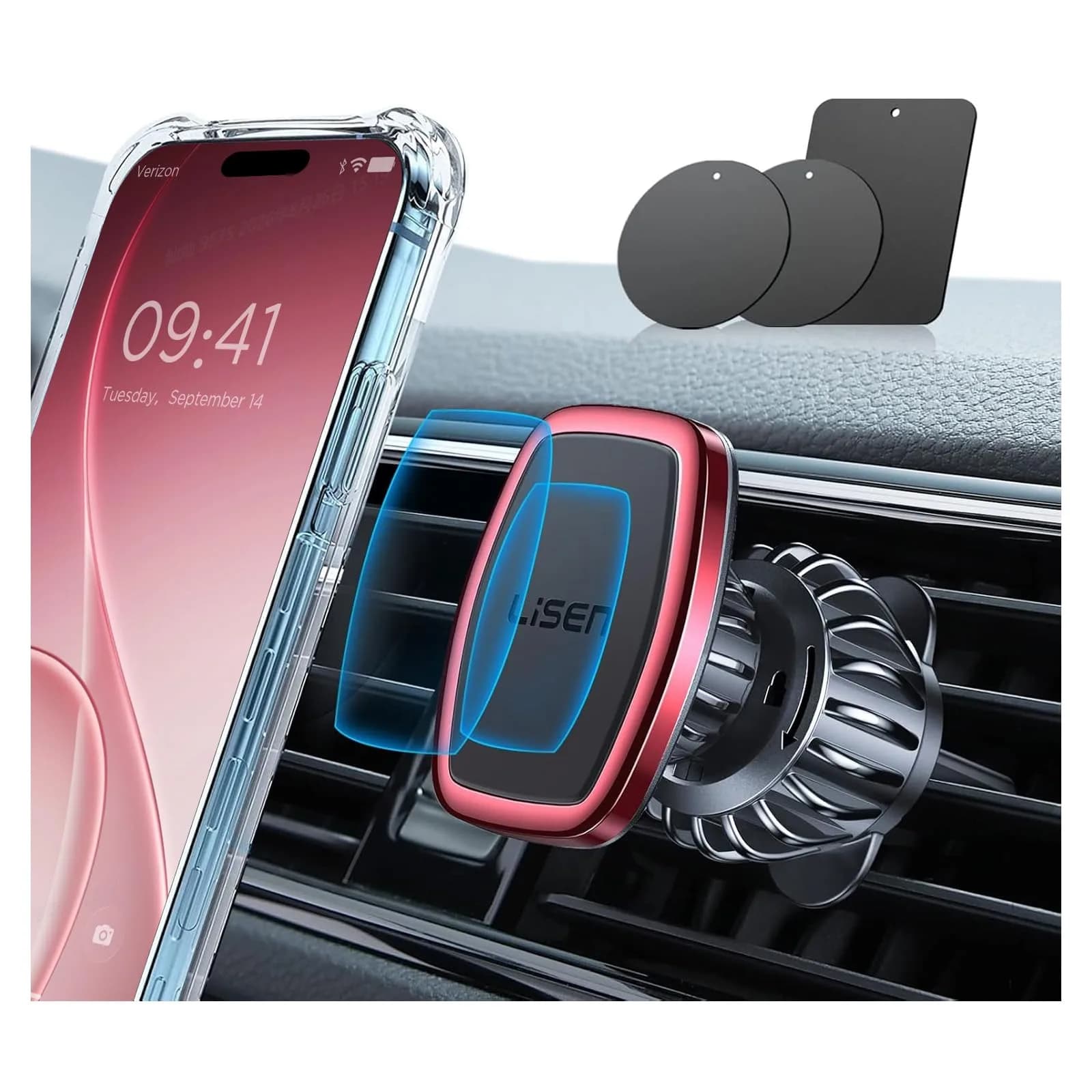 LISEN Magnetic Phone Holder for Car, Black Vent Mount with 6 Strong Magnets | Secure Grip for Smartphones — Red