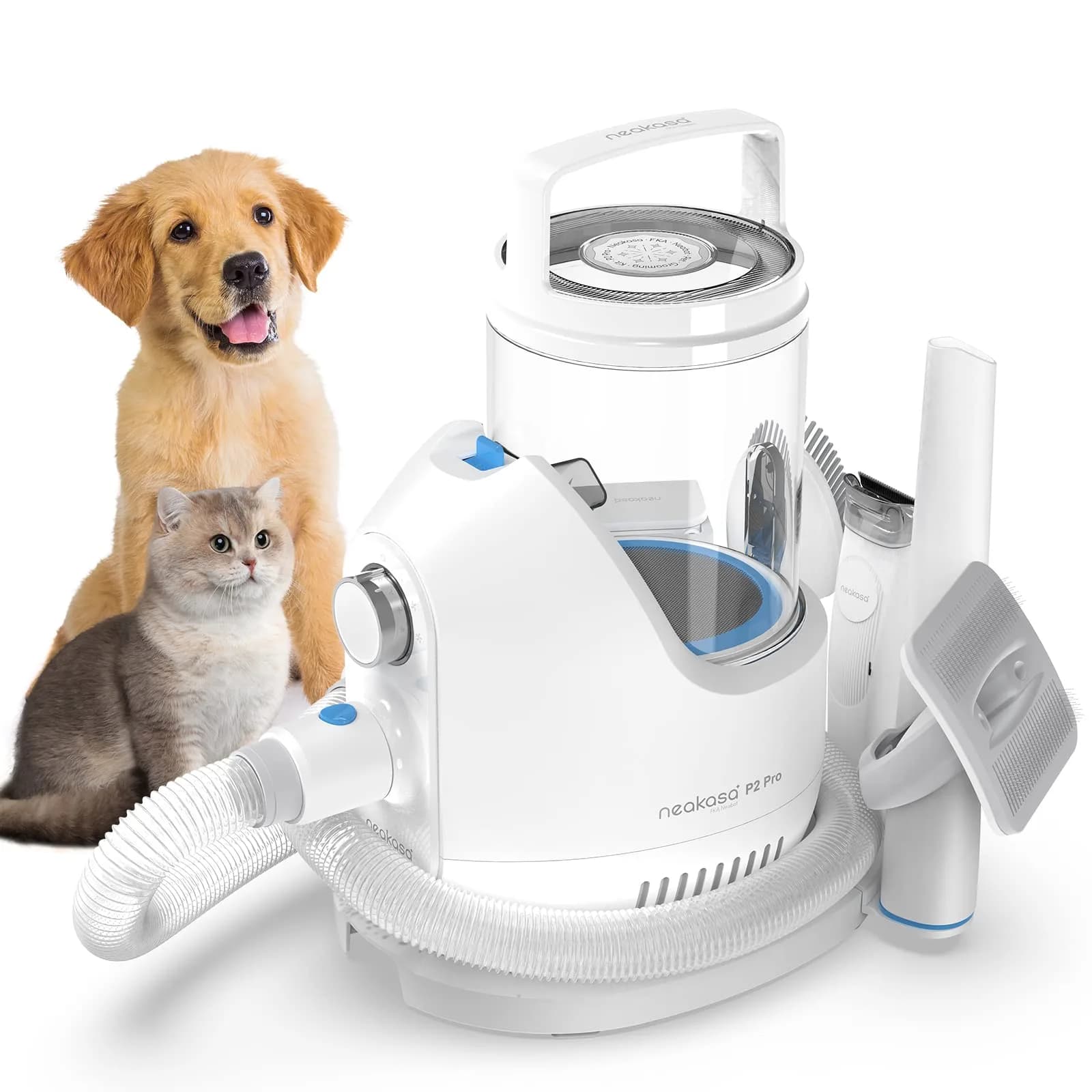 Neakasa P2 Pro Dog Grooming Kit with Vacuum Suction 99% Hair | 5 Tools, 2L Dustbin, Low Noise (110V) — Blue-white
