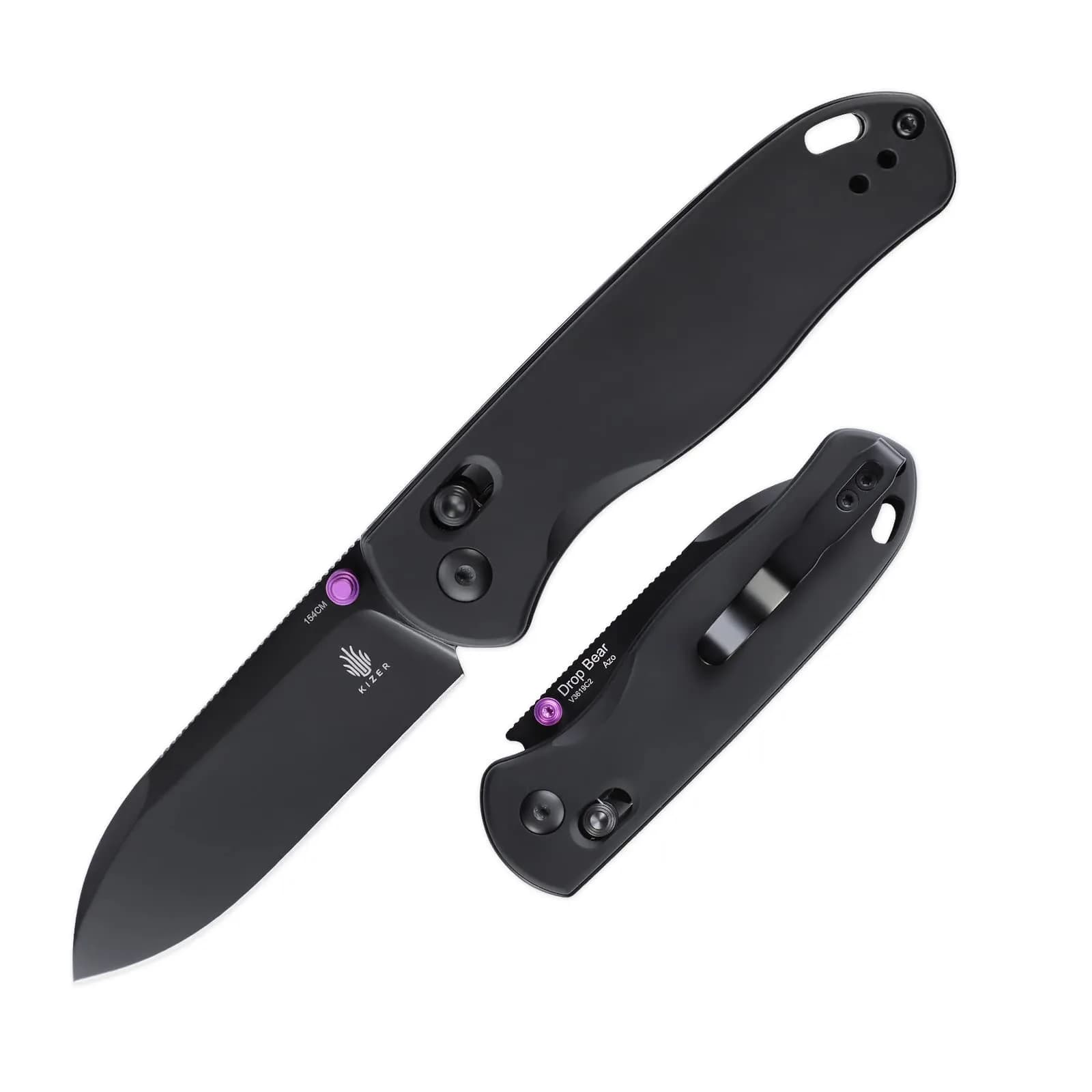 Kizer Drop Bear Folding Knife - Black Aluminum Handle, 154CM Steel Blade | Compact EDC for Outdoor Use — Black Aluminium