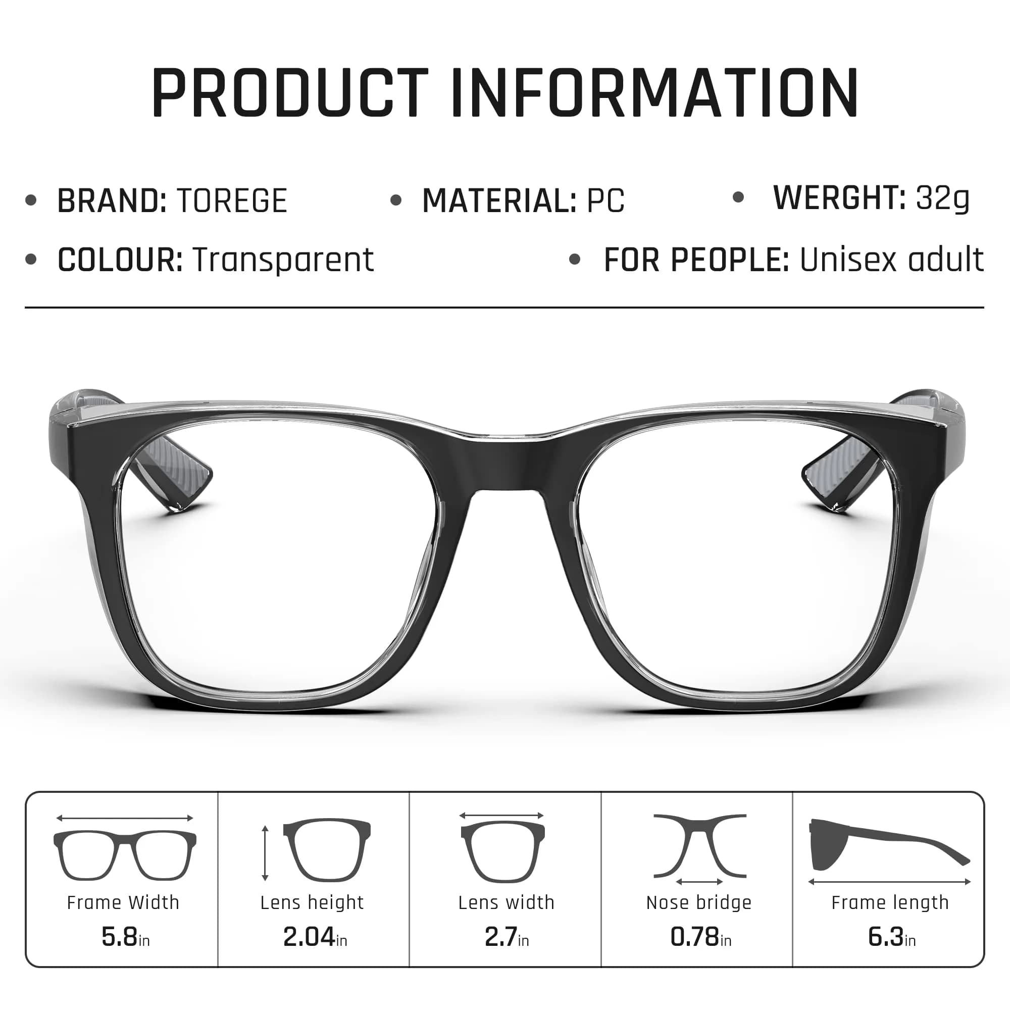 TOREGE Stylish Safety Glasses for Men & Women, Anti-Fog & Anti-Blue Light Lens | ANSI Z87.1 Certified - view 7