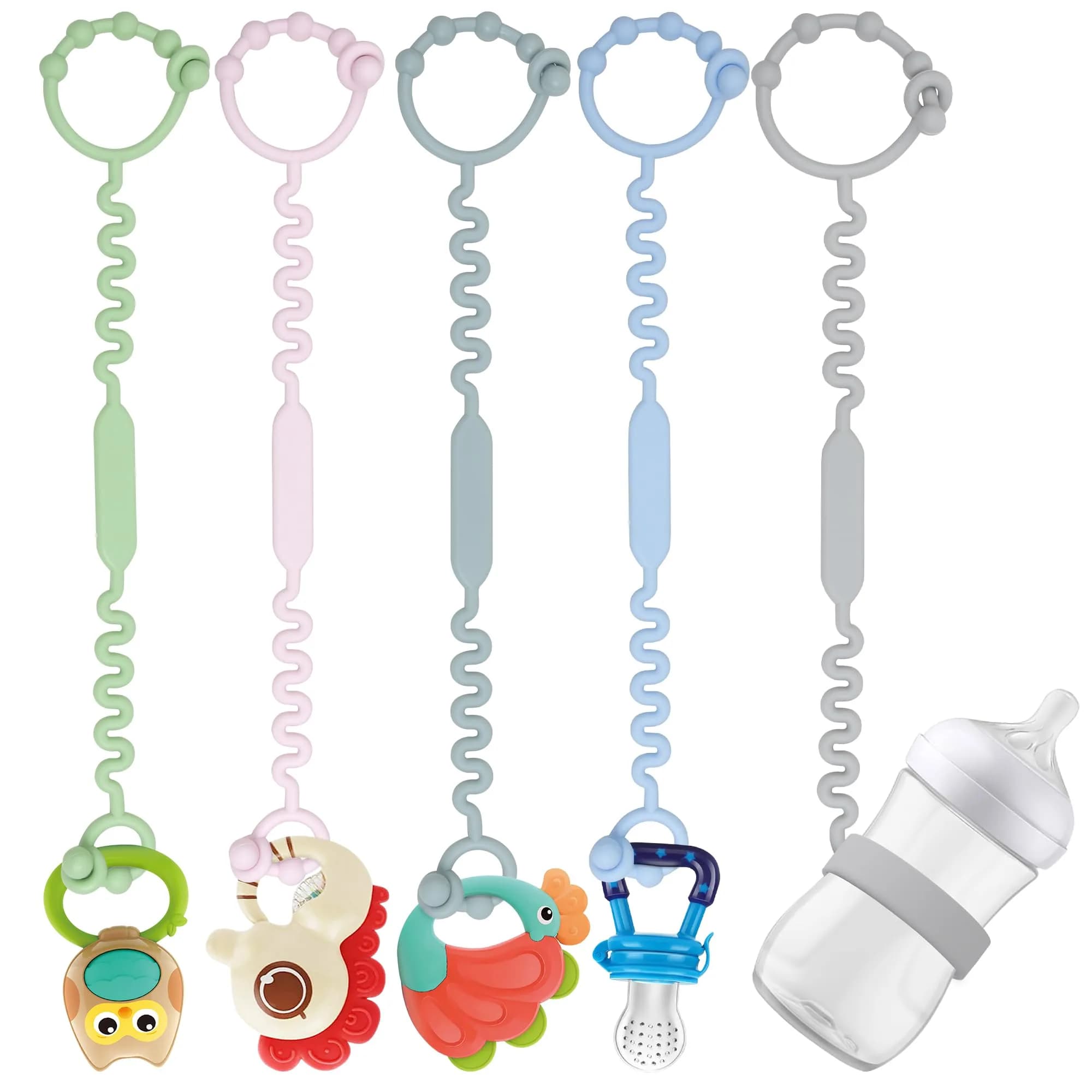 LJOWJVA Toy Straps - Pacifier Holder Clip with Self-Adjusting Bayonet, Pure Silicone, BPA-Free, Multi Colors | Baby Accessories — 5PS