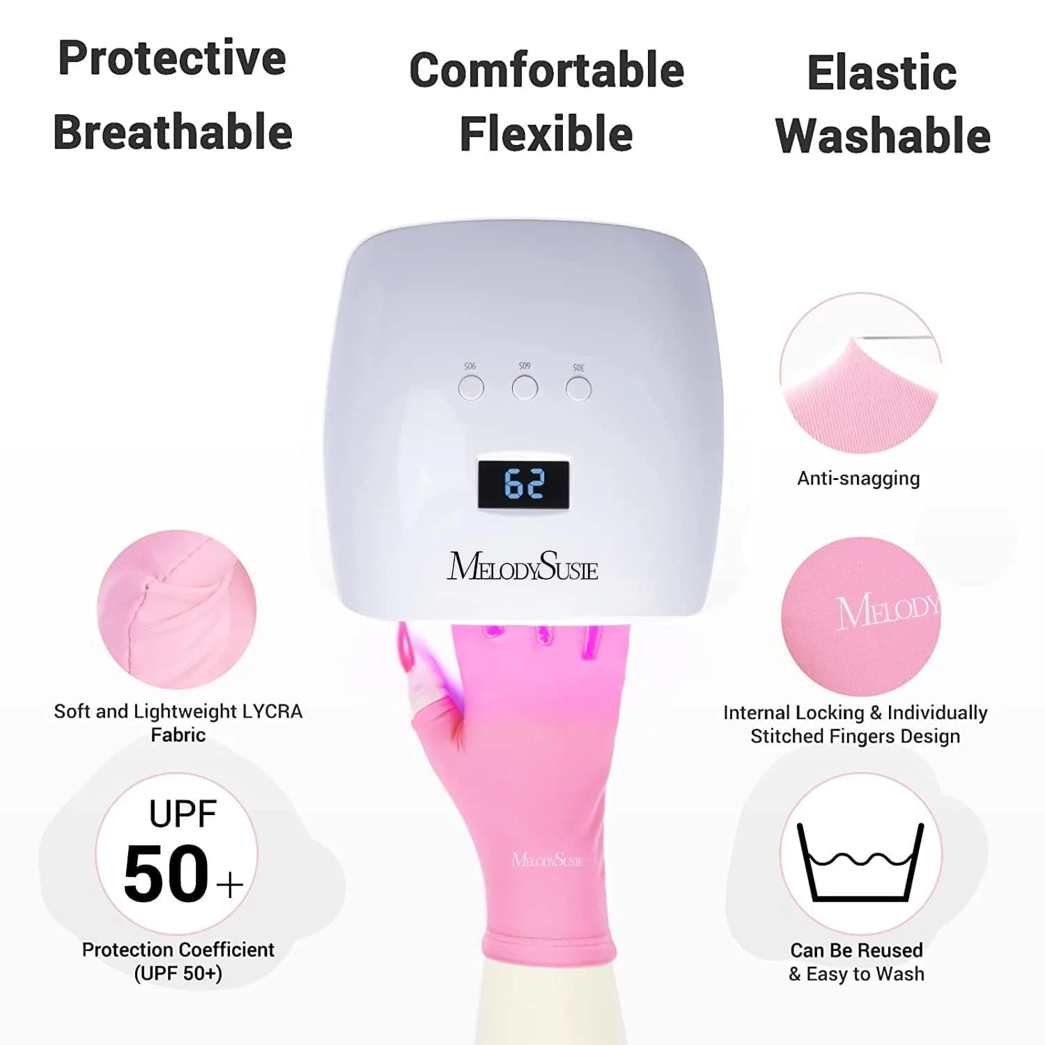 MelodySusie Medium E-Pink Fingerless UV Protection Gloves for Gel Nail Lamps - view 2