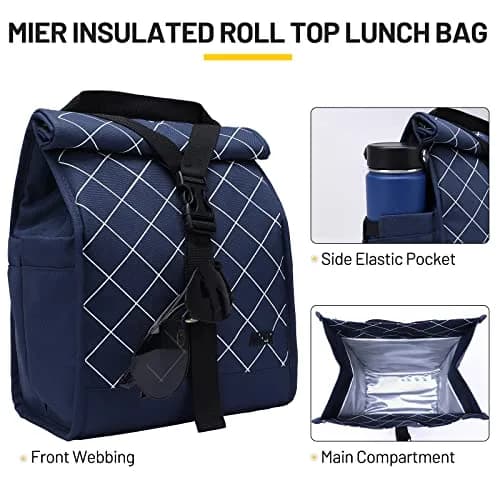 MIER Insulated Lunch Bag Roll-Top Lunchbox Blue 25.4cm (10 in) | Keeps Food Fresh for Hours thumbnail 2