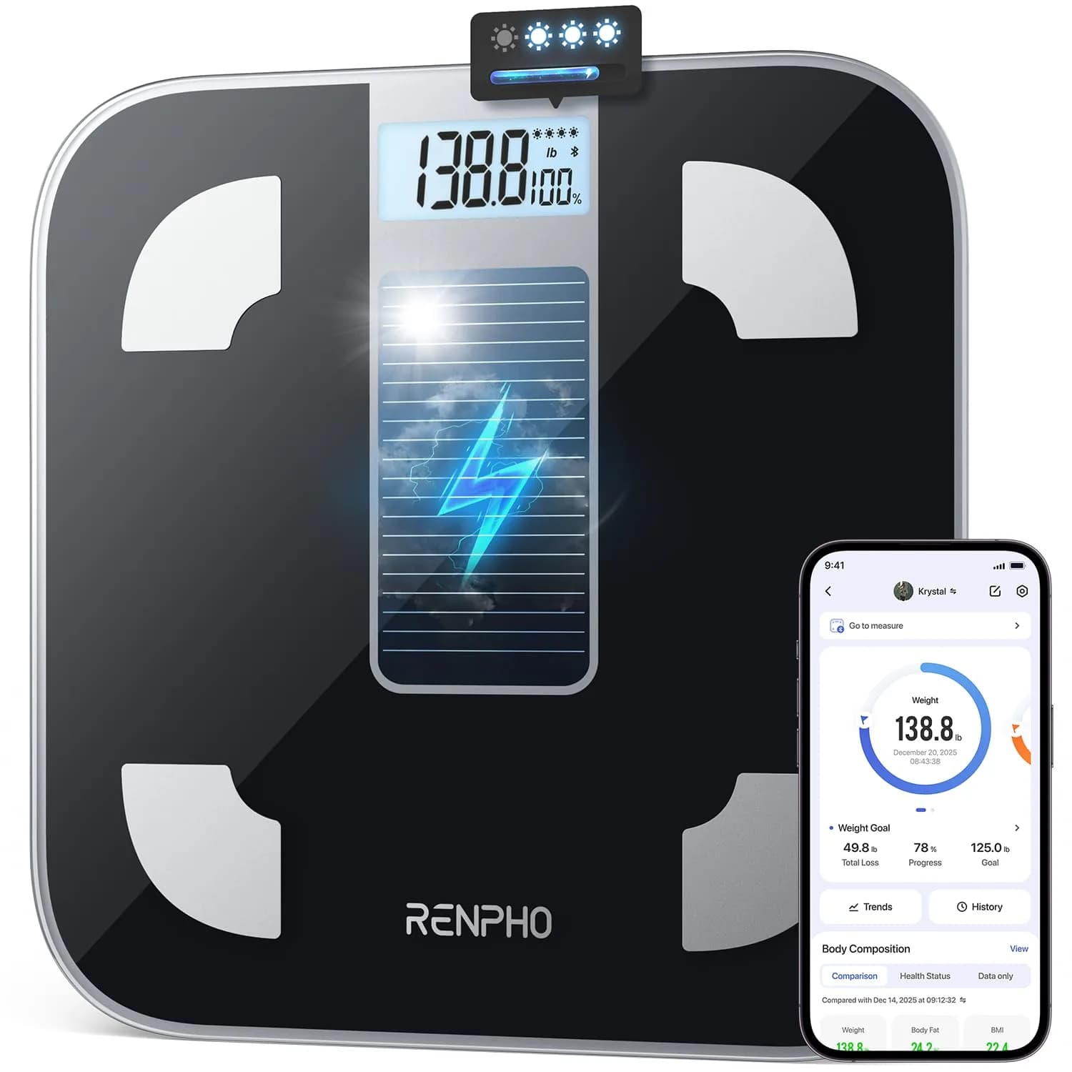 RENPHO Elis Solar 1 Smart Scale 180kg (400lb) | Accurate Body Composition Tracking - main product image