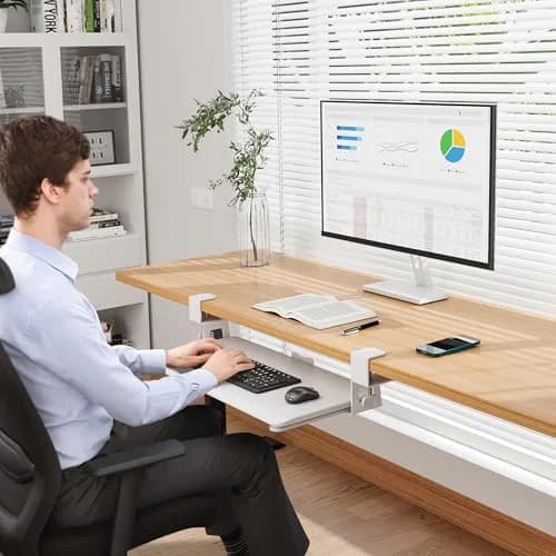 BONTEC Under Desk Keyboard Tray 25.6" x 11.8" | Space-Saving, Clamp Mount, White thumbnail 8