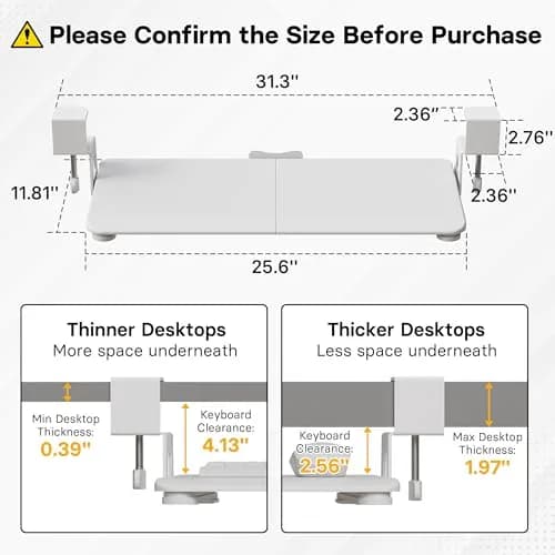 BONTEC Under Desk Keyboard Tray 25.6" x 11.8" | Space-Saving, Clamp Mount, White thumbnail 2