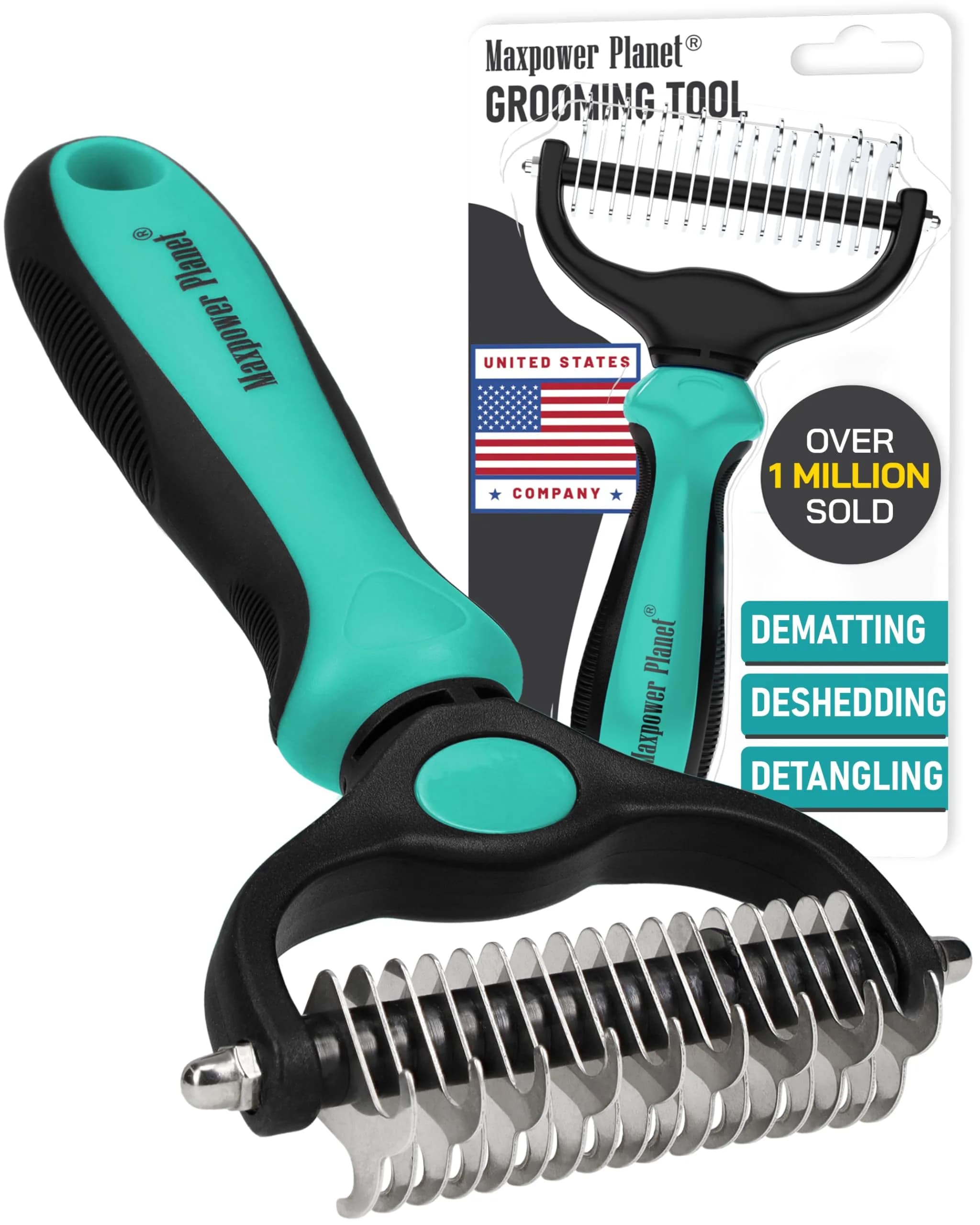 Maxpower Planet Dual-Sided Dog Grooming Rake 16.8cm (6.6in) | Deshedding Undercoat Brush for Dogs & Cats — Turquoise