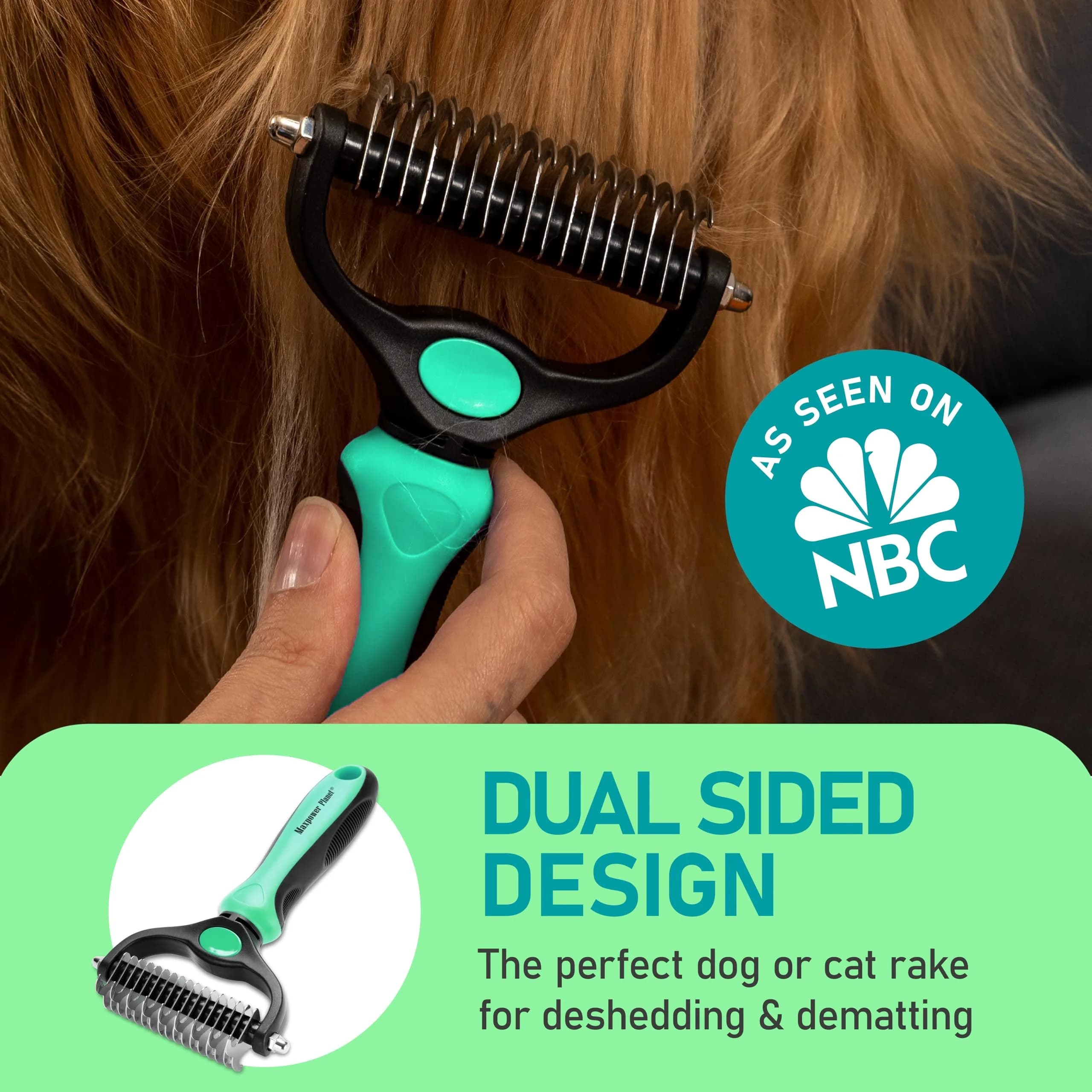Maxpower Planet Double Sided Shedding & Dematting Undercoat Rake for Dogs & Cats, Extra Wide Grooming Brush, 11.8cm (4.6in) Wide, Turquoise - view 2