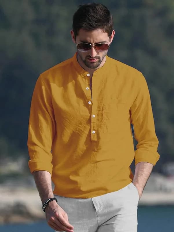 BE ACTIVE RF0003 Men's Straight Fit Kurta Yellow XL | Boat Neck Cotton Blend thumbnail 2