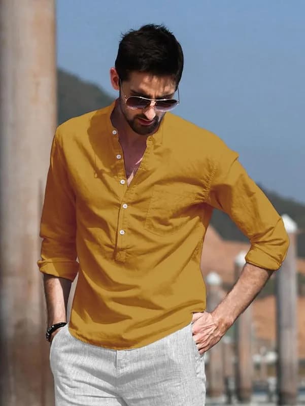 BE ACTIVE RF0003 Men's Straight Fit Kurta Yellow XL | Boat Neck Cotton Blend - view 3