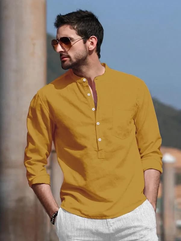 BE ACTIVE RF0003 Men's Straight Fit Kurta Yellow XL | Boat Neck Cotton Blend - view 4