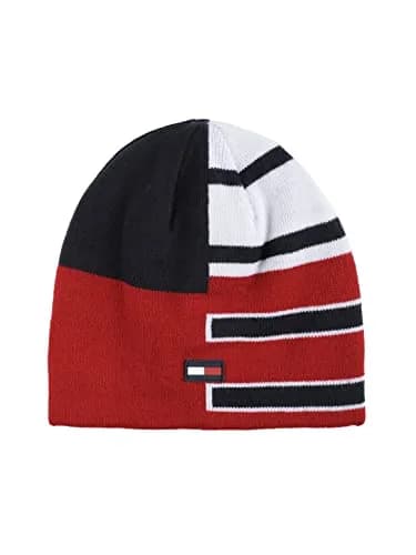 Tommy Hilfiger Boy's Patchwork Stripe Reversible Beanie Scarlet Sage | 100% Acrylic Winter Hat thumbnail 1