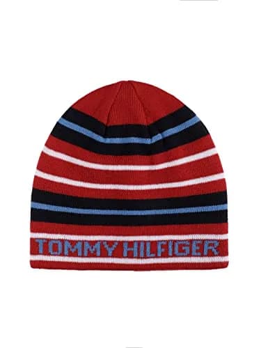 Tommy Hilfiger Boy's Patchwork Stripe Reversible Beanie Scarlet Sage | 100% Acrylic Winter Hat thumbnail 1