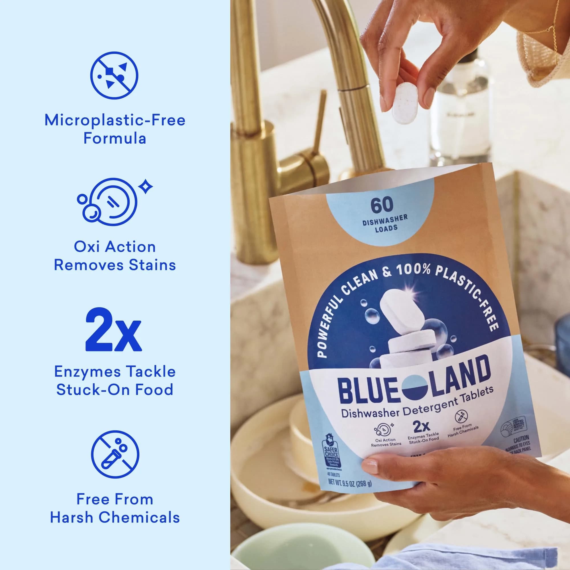 BLUELAND 100% Plastic-Free Dishwasher Detergent Tablets, 60 Count | Eco-Friendly & Effective Cleaning - view 2