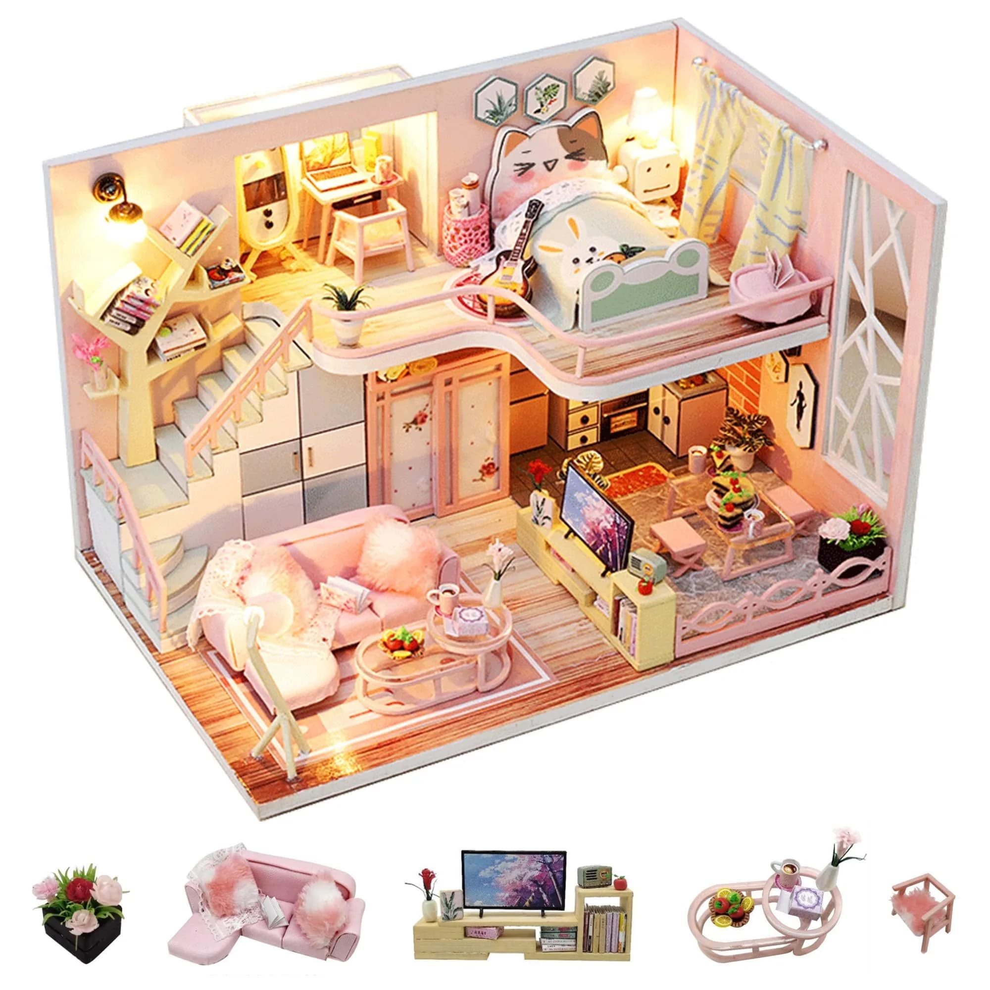 Flever Dollhouse Miniature DIY House Kit 8.7x6.9x8.1 inches | Creative Room with Furniture for Romantic Valentine's Gift — Blossom Stories