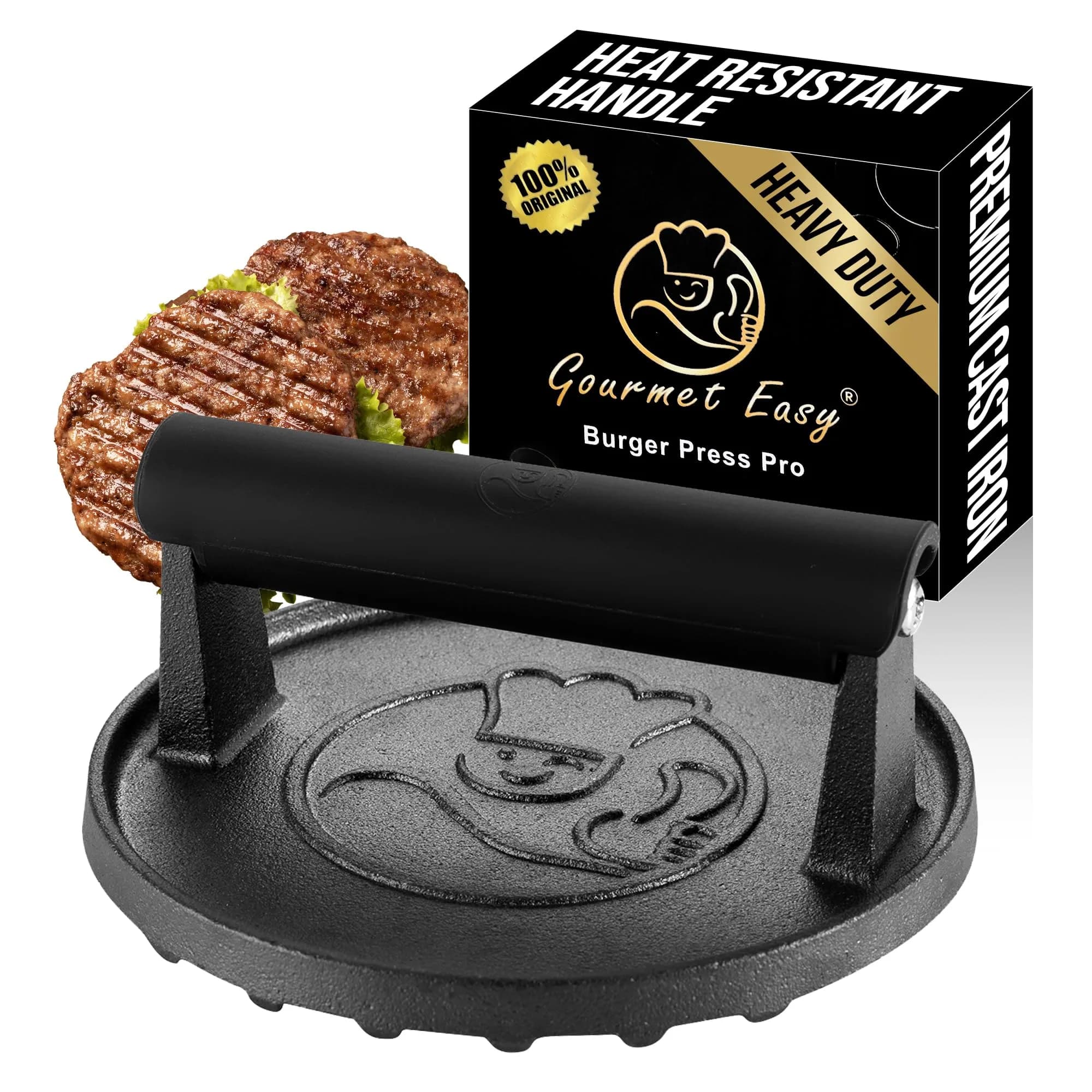 Gourmet Easy Cast Iron Smash Burger Press with Heat Resistant Handle 900g (2 lb) | Perfect Smash Burgers & Steaks - main product image