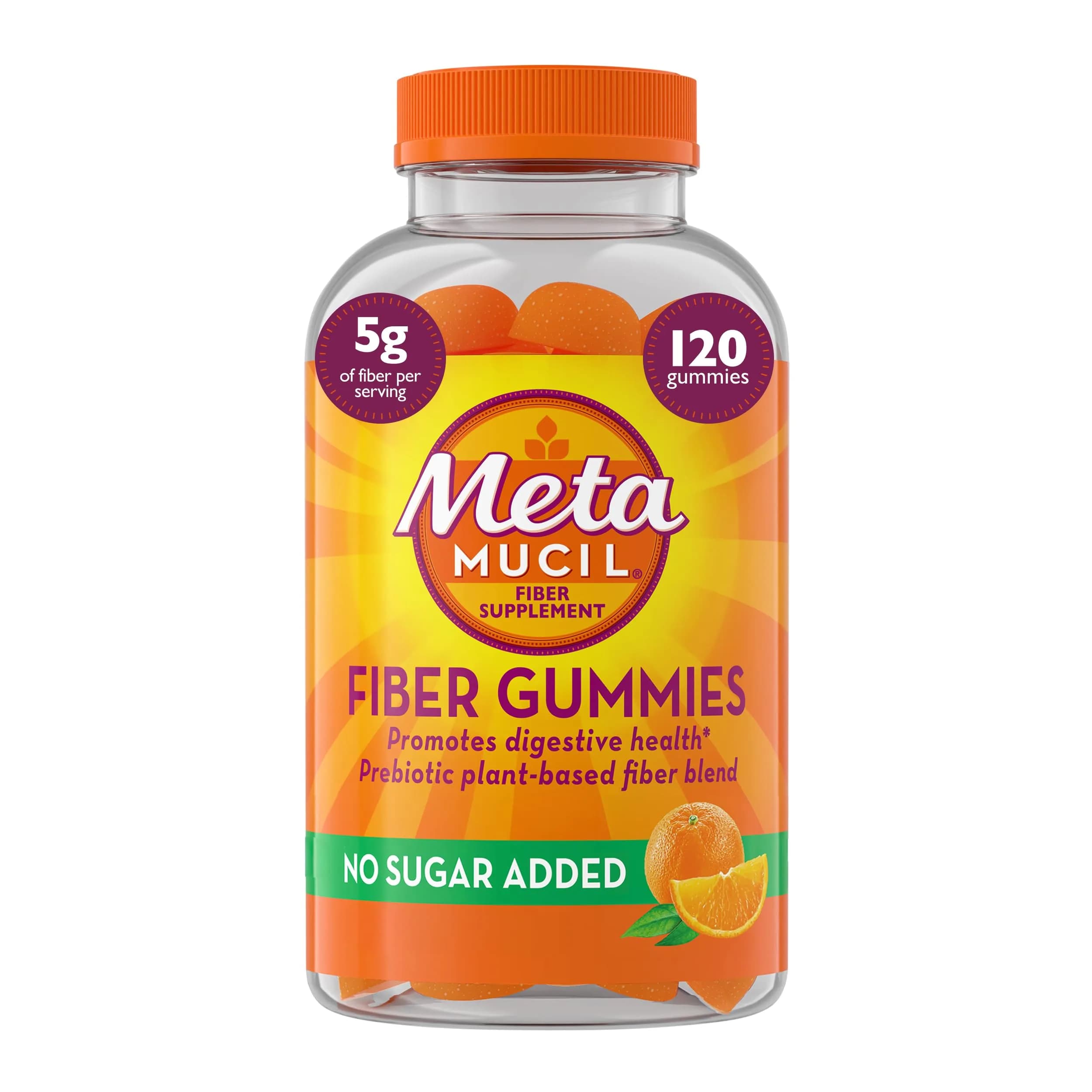 Metamucil Fiber Gummies for Adults, No Sugar Added Orange Flavor, 5g Prebiotic Plant Based Fiber Supplement Blend, 120 Count - main product image