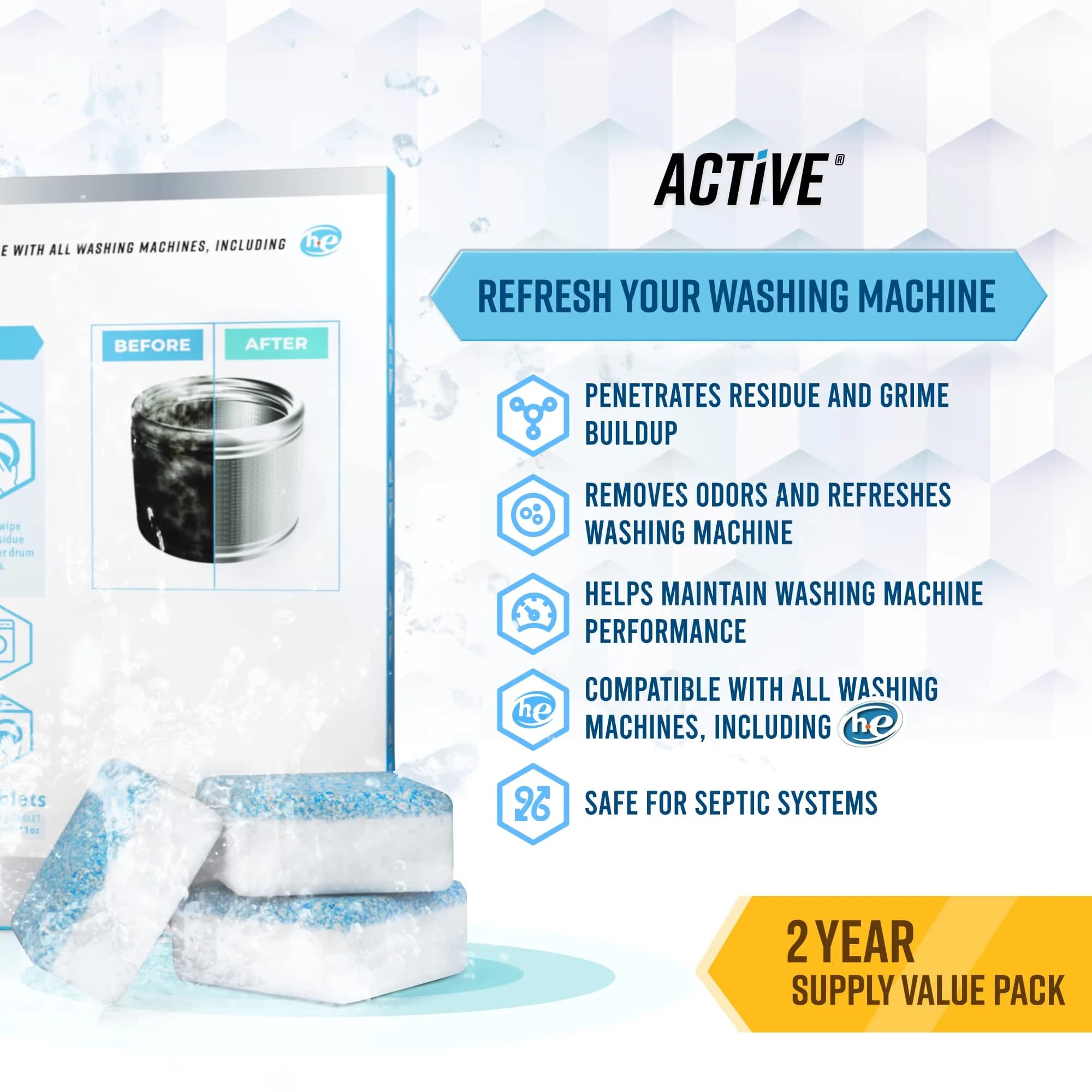 ACTIVE Washing Machine Cleaner Descaler Tablets | 48 Pack Value Size HE Front Loader & Top Load Washer - view 2