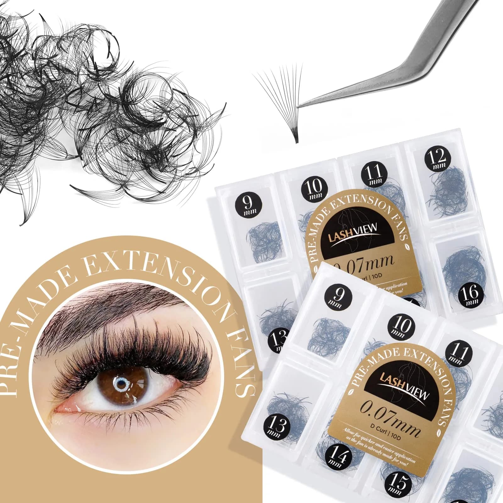 LASHVIEW 1000 Premade Volume Eyelash Extensions 10D D Curl 0.07mm Mixed Tray 9-16mm | Handmade Faux Mink - view 6