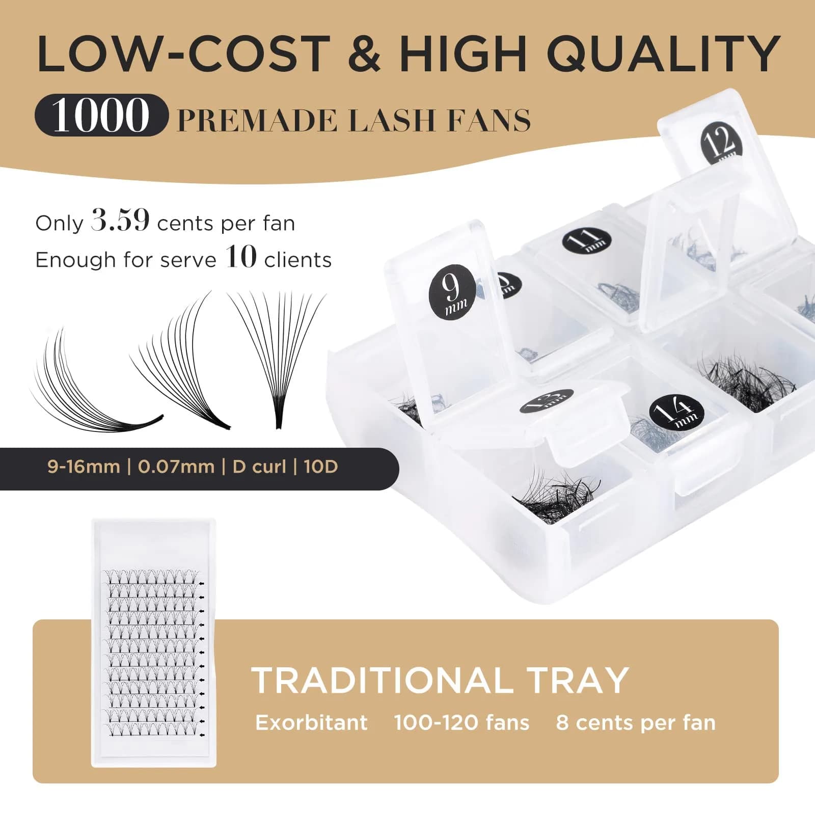 LASHVIEW 1000 Premade Volume Eyelash Extensions 10D D Curl 0.07mm Mixed Tray 9-16mm | Handmade Faux Mink - view 2