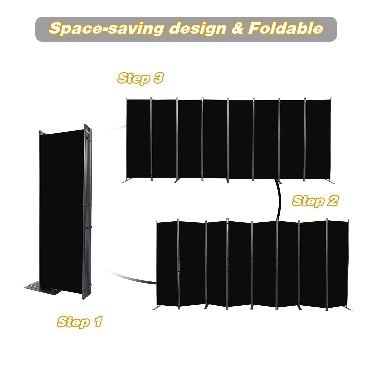 CHOSENM 8 Panel Room Divider 22"x71.3" (176" W x 71.3" H) | Black Folding Privacy Screen with Wider Feet - view 5