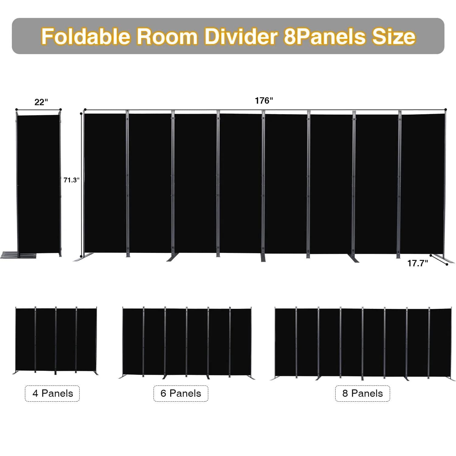 CHOSENM 8 Panel Room Divider 22"x71.3" (176" W x 71.3" H) | Black Folding Privacy Screen with Wider Feet - view 2