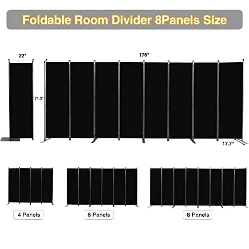 CHOSENM 8 Panel Room Divider 22"x71.3" (176" W x 71.3" H) | Black Folding Privacy Screen with Wider Feet thumbnail 2
