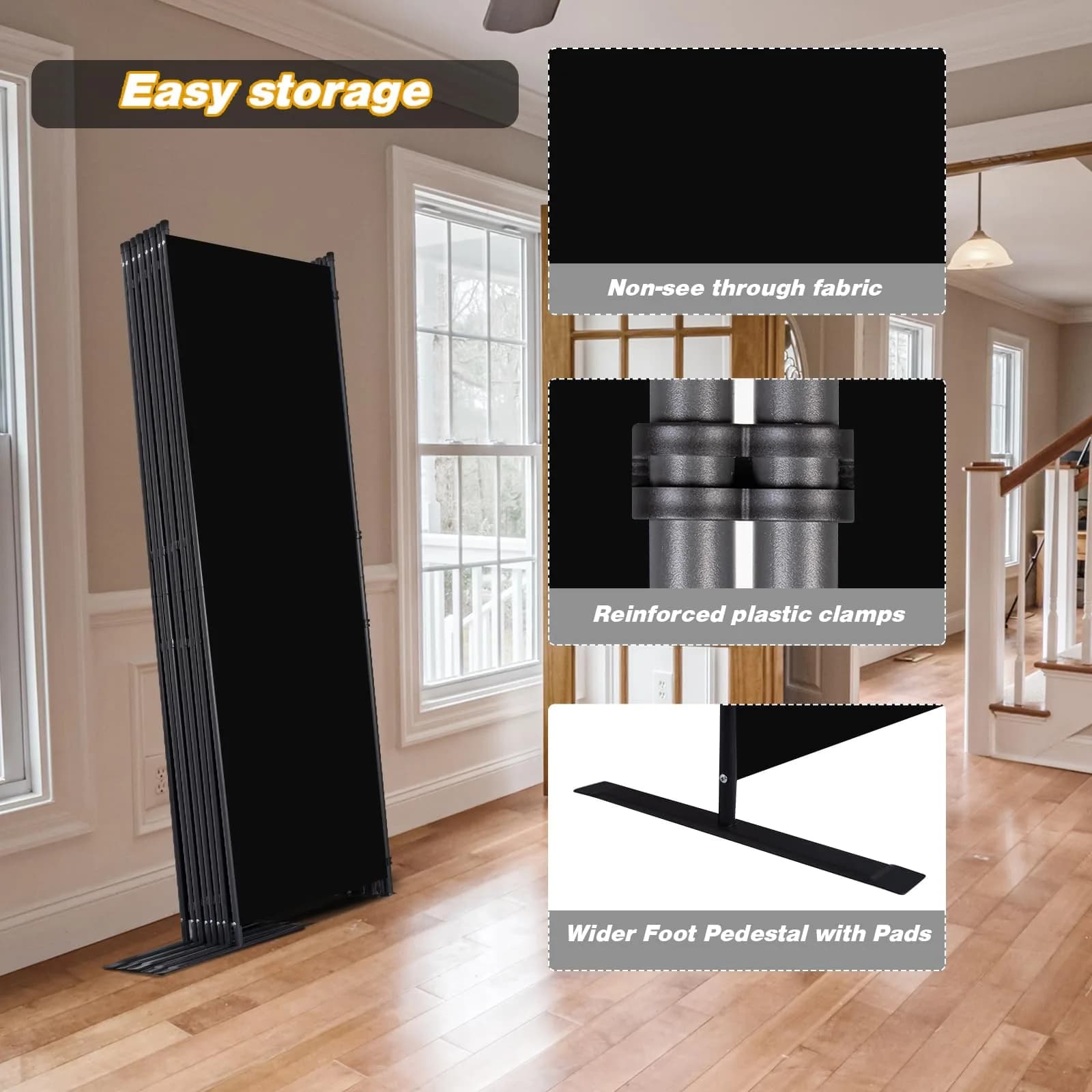 CHOSENM 8 Panel Room Divider 22"x71.3" (176" W x 71.3" H) | Black Folding Privacy Screen with Wider Feet - view 4