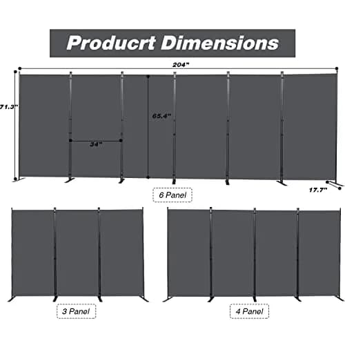 CHOSENM 6 Panel Room Divider Grey 204" W x 71.3" H | Stable Iron Frame, Tear-Resistant Fabric thumbnail 2