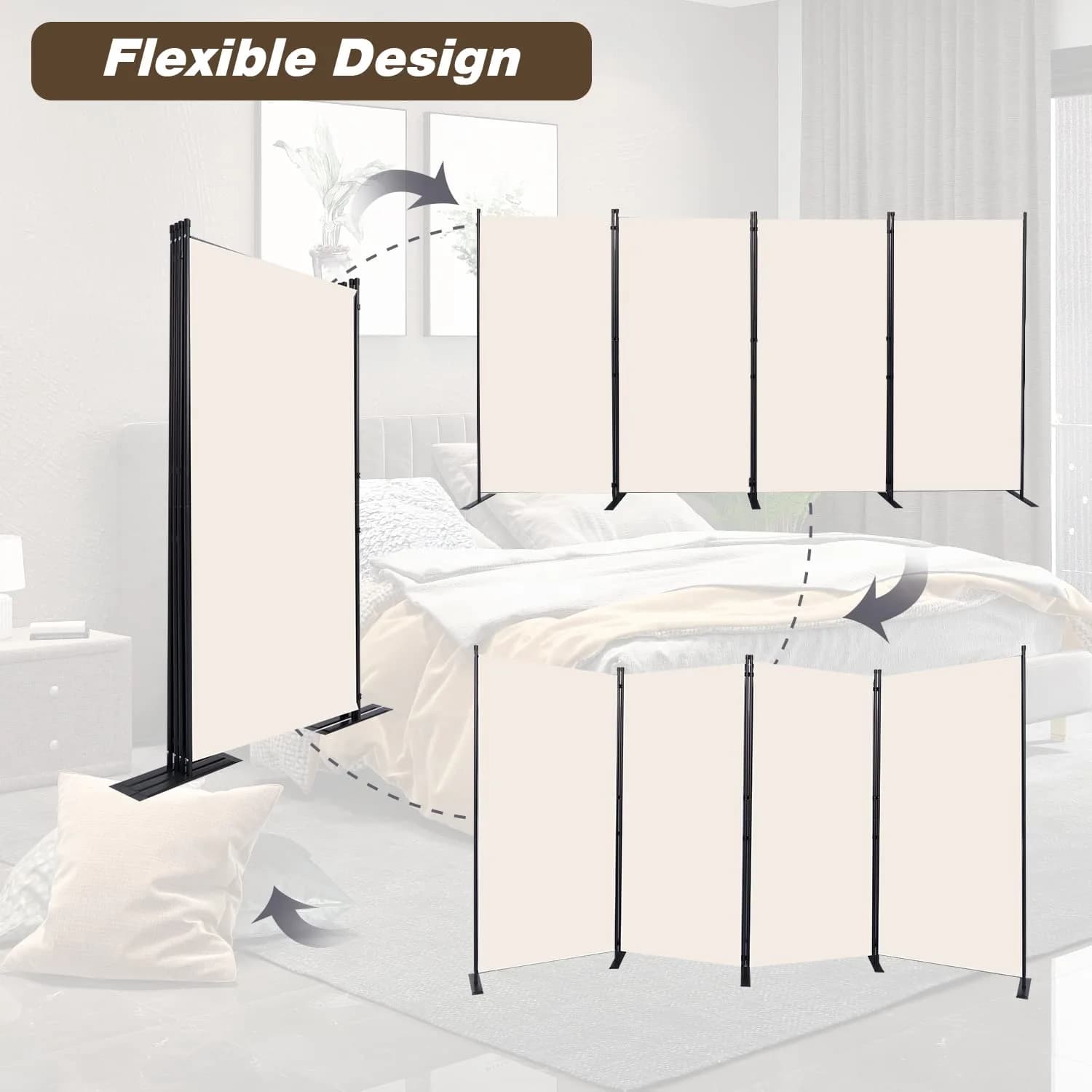 CHOSENM 4 Panel Room Divider Privacy Screen 136" W x 71.3" H | Stable Iron Frame, Beige Fabric - view 5