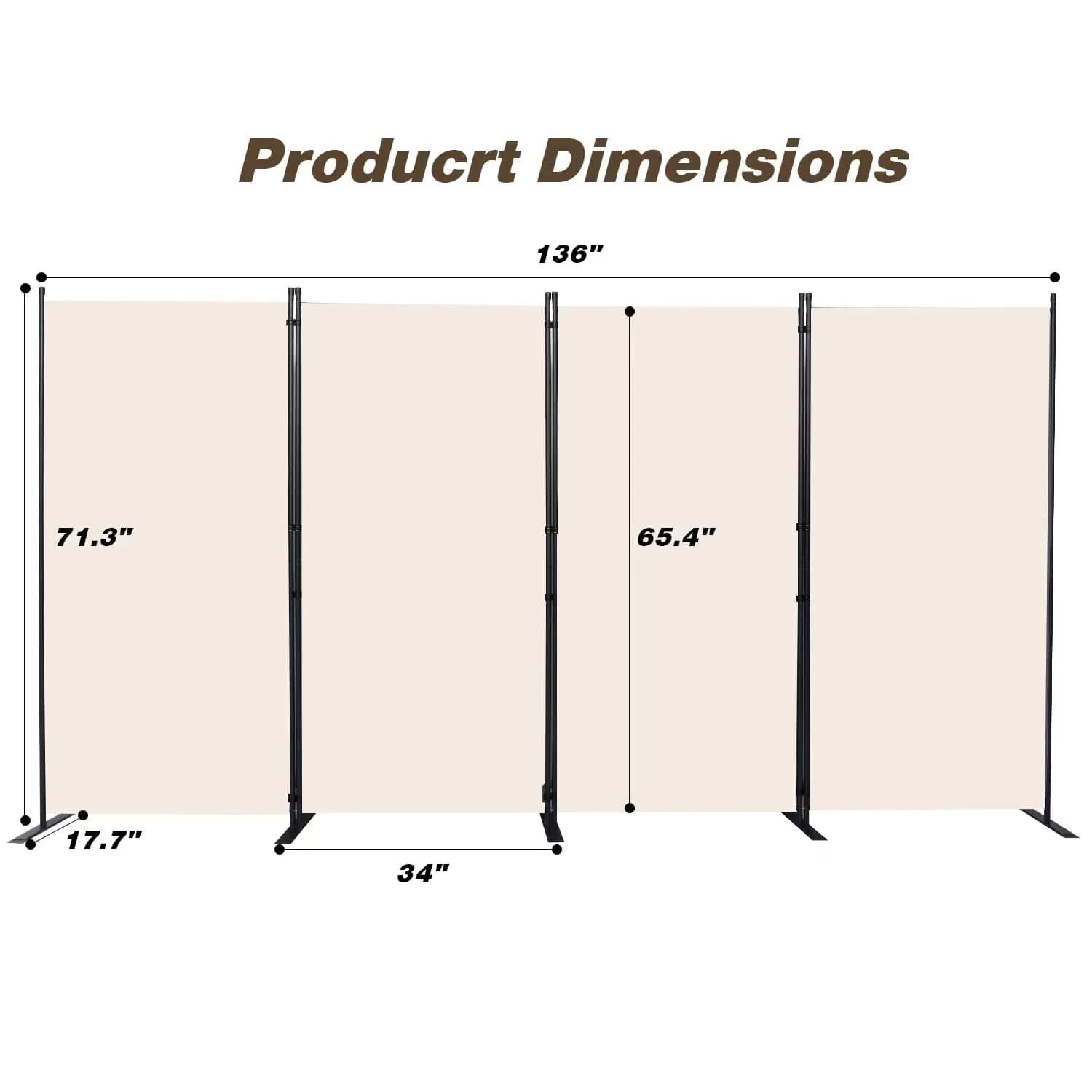 CHOSENM 4 Panel Room Divider Privacy Screen 136" W x 71.3" H | Stable Iron Frame, Beige Fabric - view 2