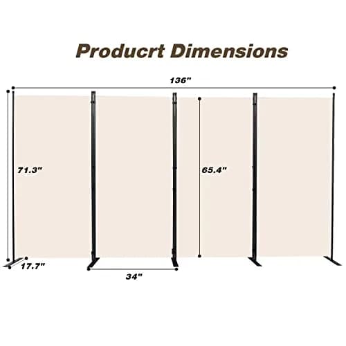 CHOSENM 4 Panel Room Divider Privacy Screen 136" W x 71.3" H | Stable Iron Frame, Beige Fabric thumbnail 2