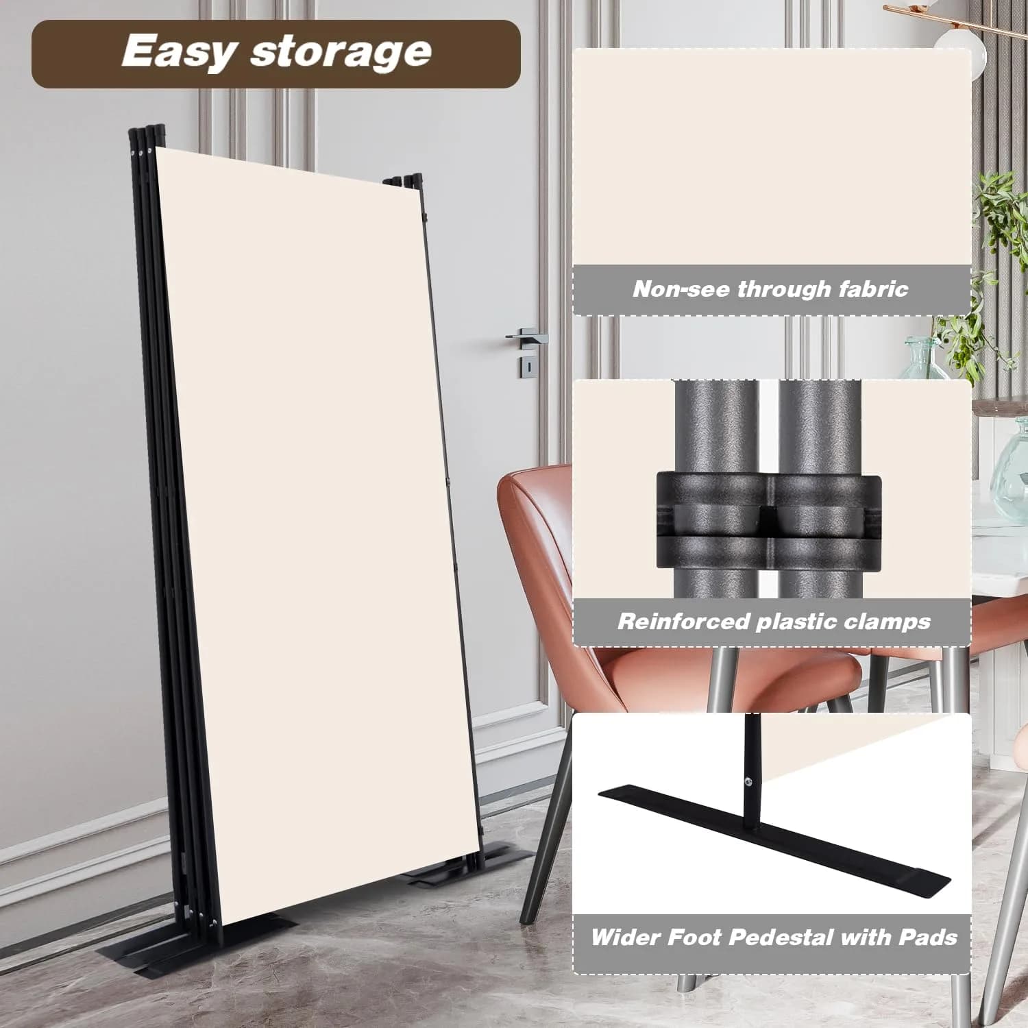 CHOSENM 4 Panel Room Divider Privacy Screen 136" W x 71.3" H | Stable Iron Frame, Beige Fabric - view 4