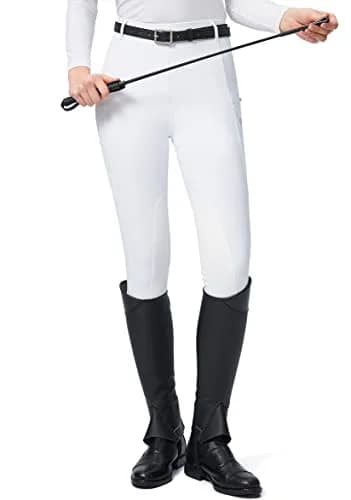 SANTINY Women's Horse Riding Pants with Zipper Pockets Knee-Patch Schooling Tights for Women (White_M) | Breathable & Fitted Breeches thumbnail 1