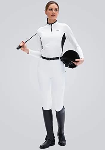 SANTINY Women's Horse Riding Pants with Zipper Pockets Knee-Patch Schooling Tights for Women (White_M) | Breathable & Fitted Breeches thumbnail 6