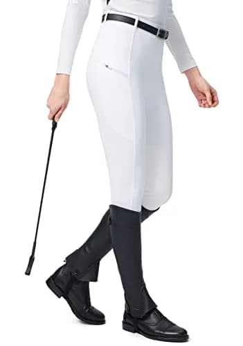 SANTINY Women's Horse Riding Pants with Zipper Pockets Knee-Patch Schooling Tights for Women (White_M) | Breathable & Fitted Breeches thumbnail 2