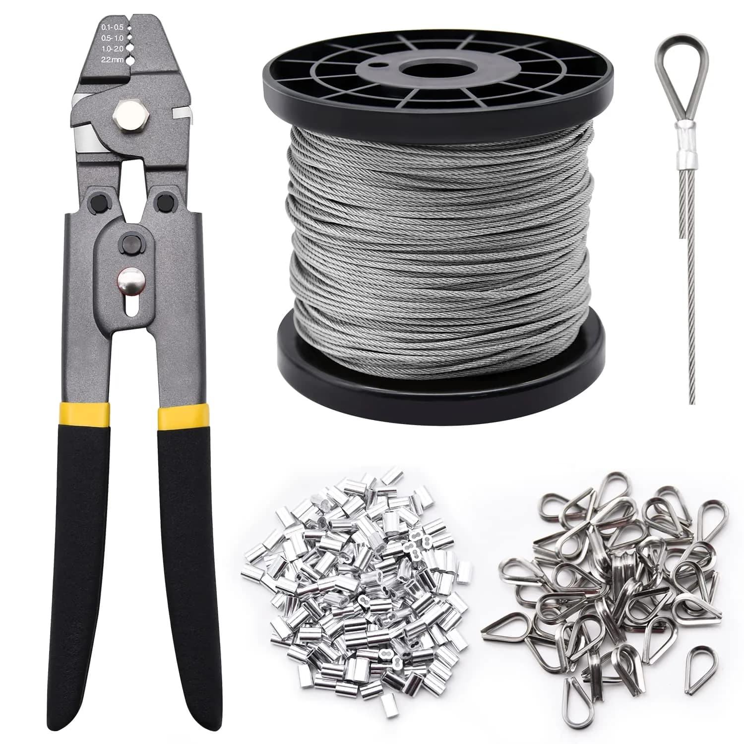 FGBNM Heavy Duty Wire Rope Crimping Tool Kit with 328ft 1/16" Stainless Steel Cable & Aluminum Sleeves | Crimper, Cutters, Thimbles Included