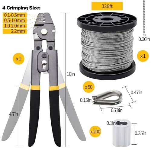 FGBNM Heavy Duty Wire Rope Crimping Tool Kit with 328ft 1/16" Stainless Steel Cable & Aluminum Sleeves | Crimper, Cutters, Thimbles Included thumbnail 2