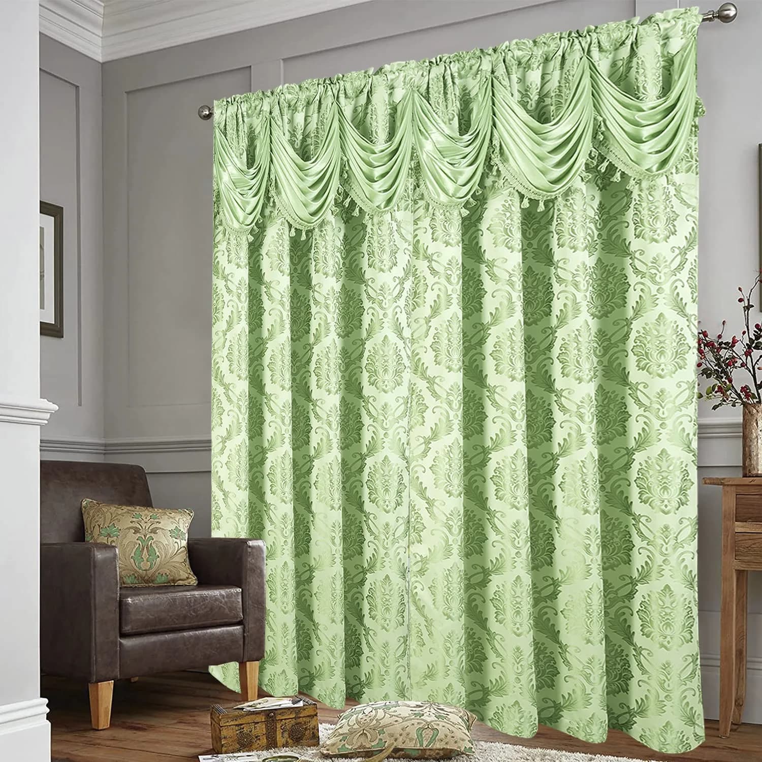 DreamField Linen Jacquard Window Curtains 274.32cm (108"W) x 213.36cm (84"L) Set | Elegant Damask Design with Valance & Tie-Backs - view 4