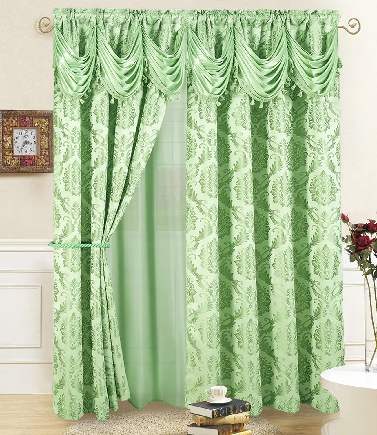 DreamField Linen Jacquard Window Curtains 274.32cm (108"W) x 213.36cm (84"L) Set | Elegant Damask Design with Valance & Tie-Backs - main product image